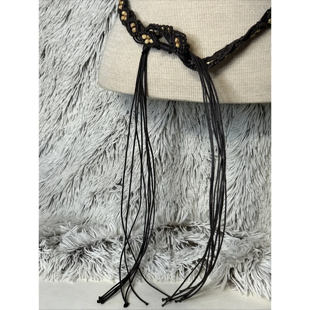 Vtg Macrame Wood Beaded Waist Tie Belt Fringe Dark Brown Hippie Boho 32